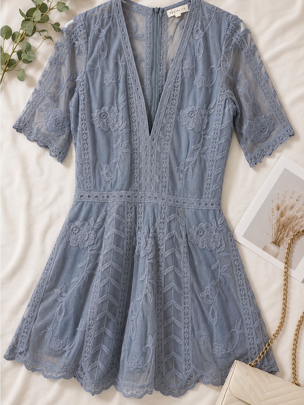 Socialite Dusty Blue Lace V-Neck Mini Dress